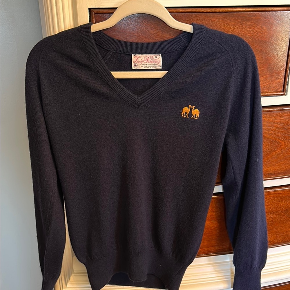 Navy vintage V-Neck Sweater with Embroidered Emblem